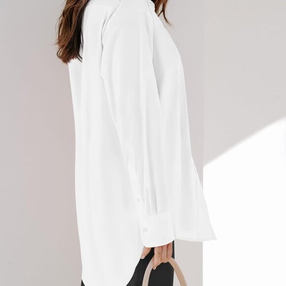 Womens Button Down Shirts Dress Shirts Long Sleeve Blouses V Neck Solid Casual T - Picture 2 of 4